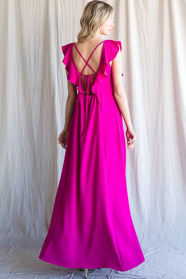Solid Ruffle Sleeve Maxi Dress Back View | Maxi Dresses | Solid Color Dress | Solid Color Maxi Dress | Ruffle Sleeve Dress | Wedding Dress | Maxi for Weddings | 100% Polyester Dress | Ryan Reid Collection