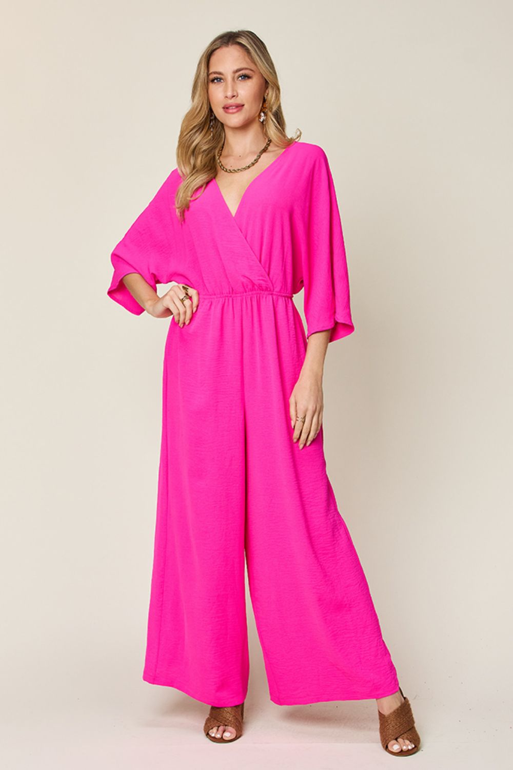 Casual Elegance Surplice Wide Leg Jumpsuit with Pockets