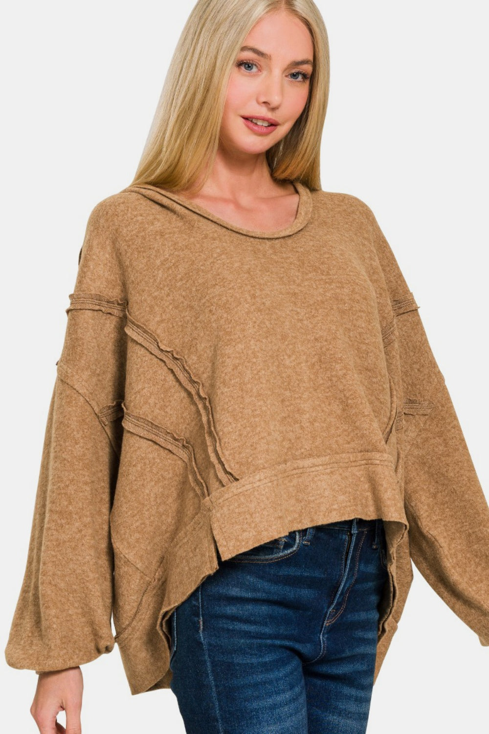 Casually Cool Brushed Hacci Exposed Seam Hoodie (Camel)