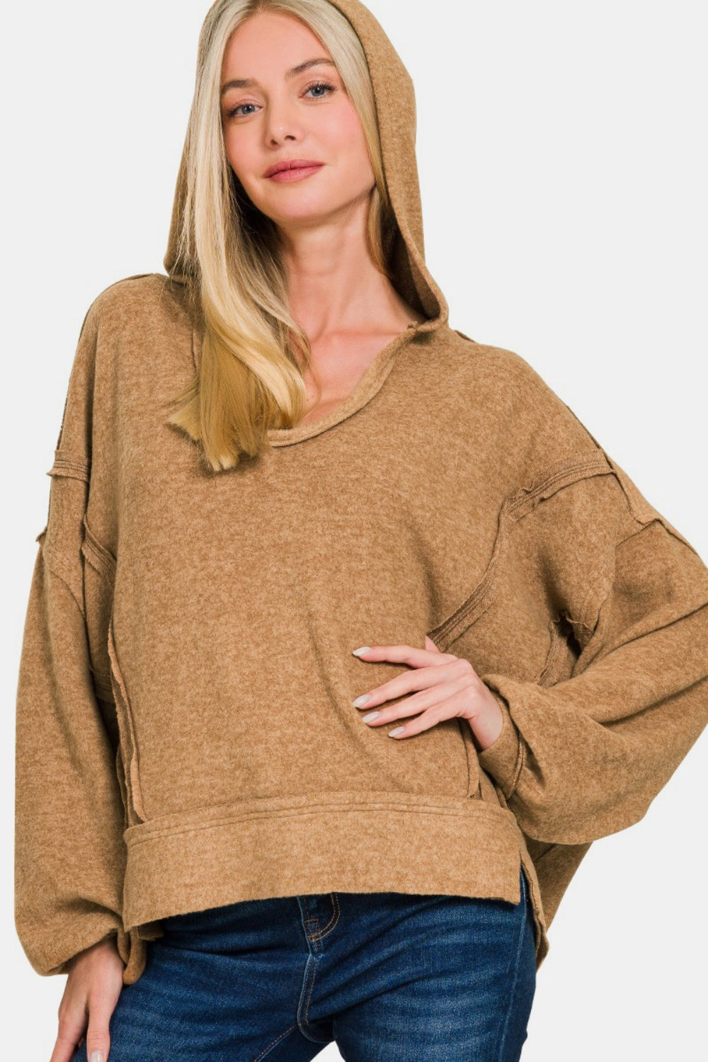 Casually Cool Brushed Hacci Exposed Seam Hoodie (Camel)