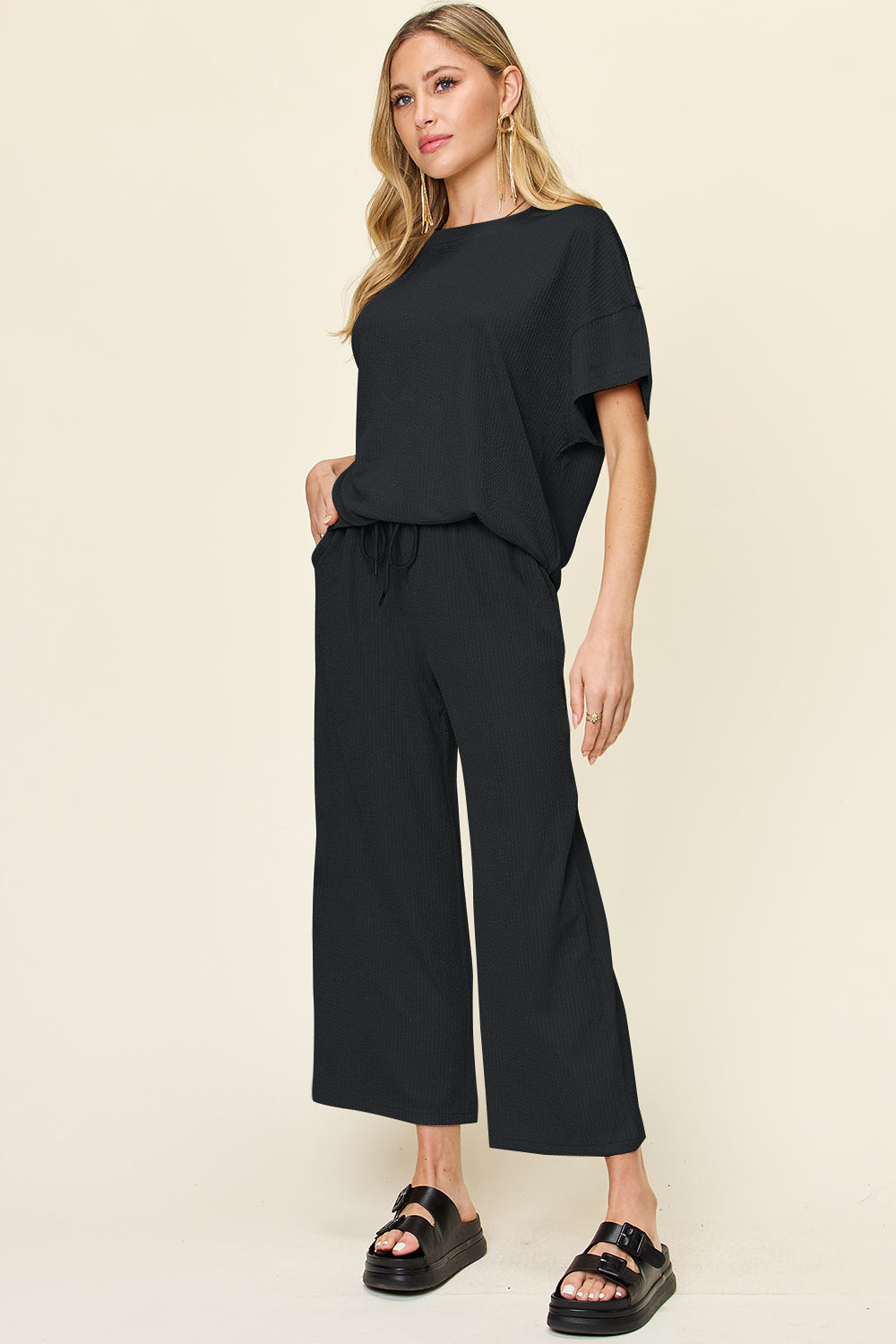 Out and About Textured Round Neck Short Sleeve T-Shirt and Wide Leg Pants