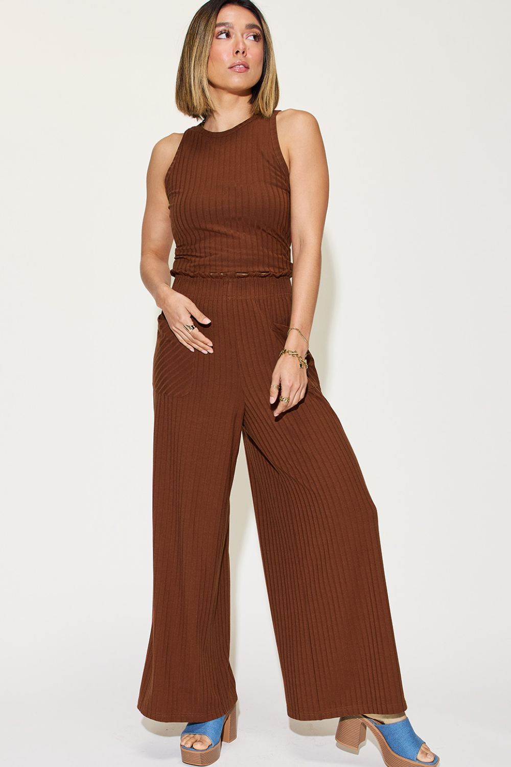 Basic Bae Full Size Ribbed Tank and Wide Leg Pants Set