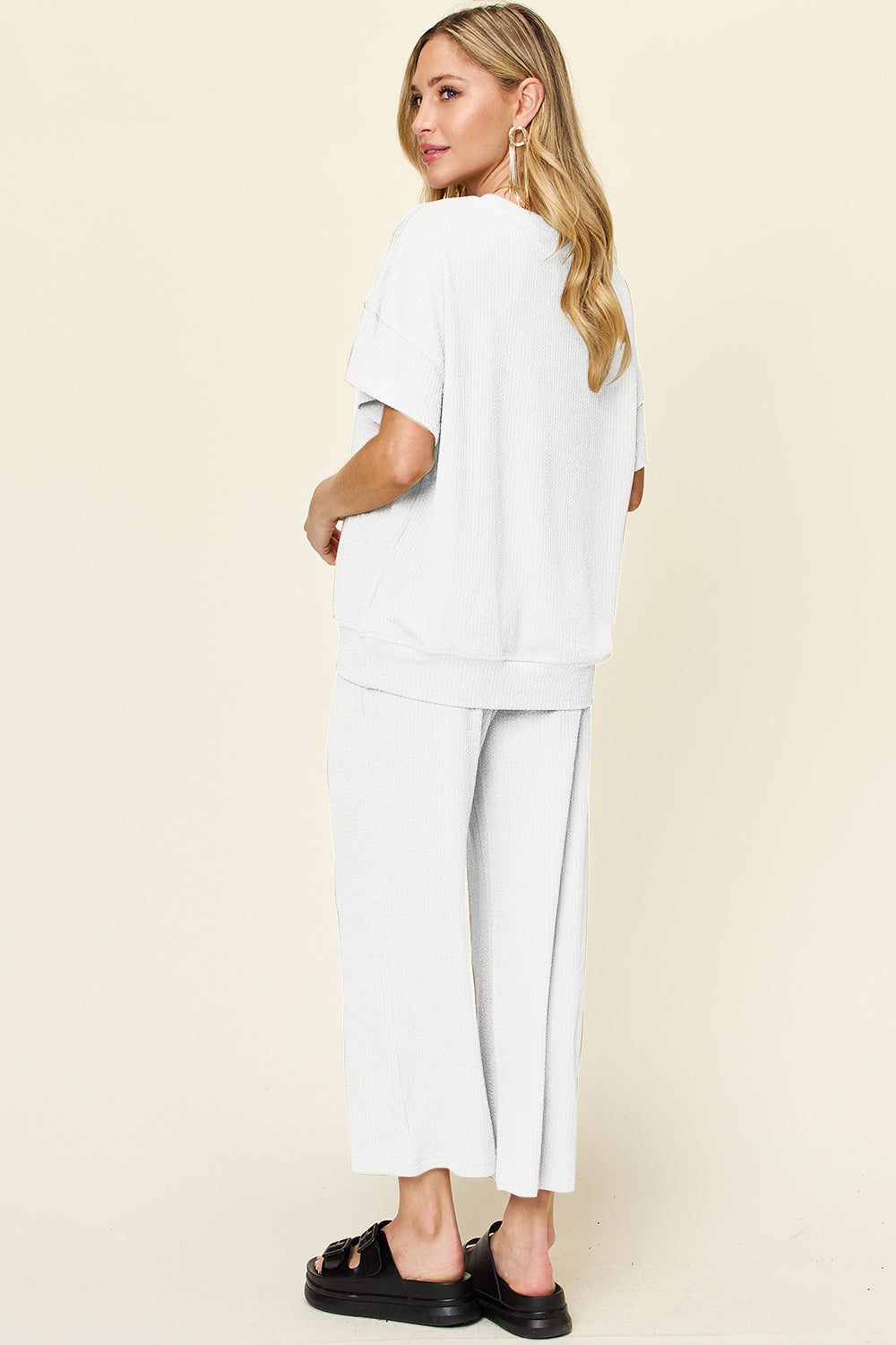 Out and About Textured Round Neck Short Sleeve T-Shirt and Wide Leg Pants