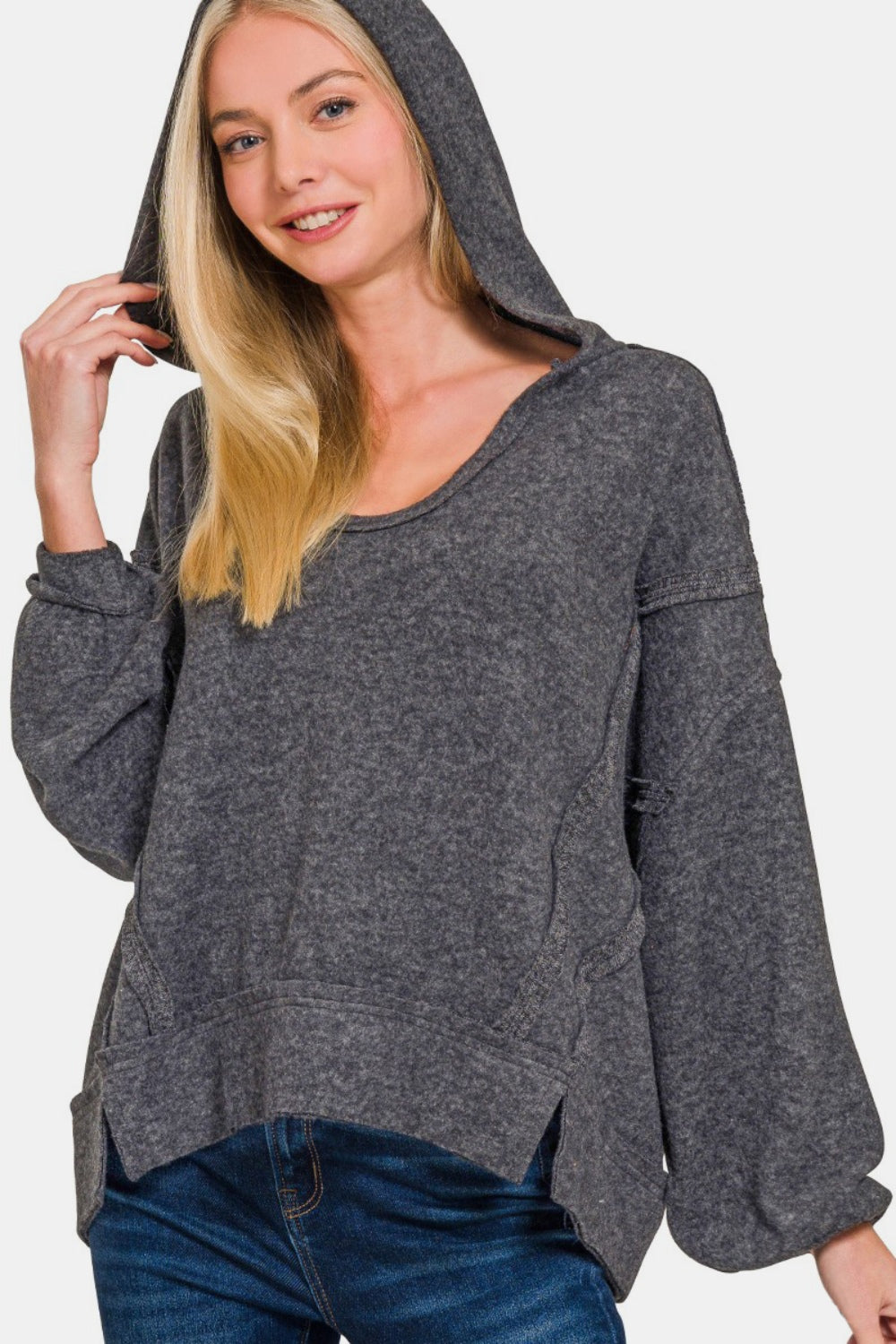 Casually Cool Brushed Hacci Exposed Seam Hoodie (Gray)