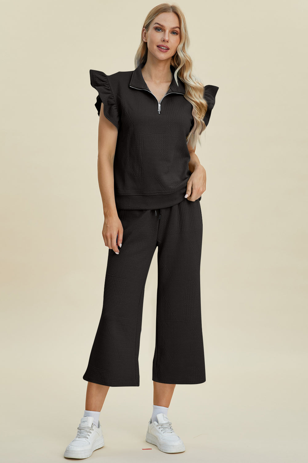 Fancy Frills Textured Ruffle Short Sleeve Top and Wide Leg Pants Set