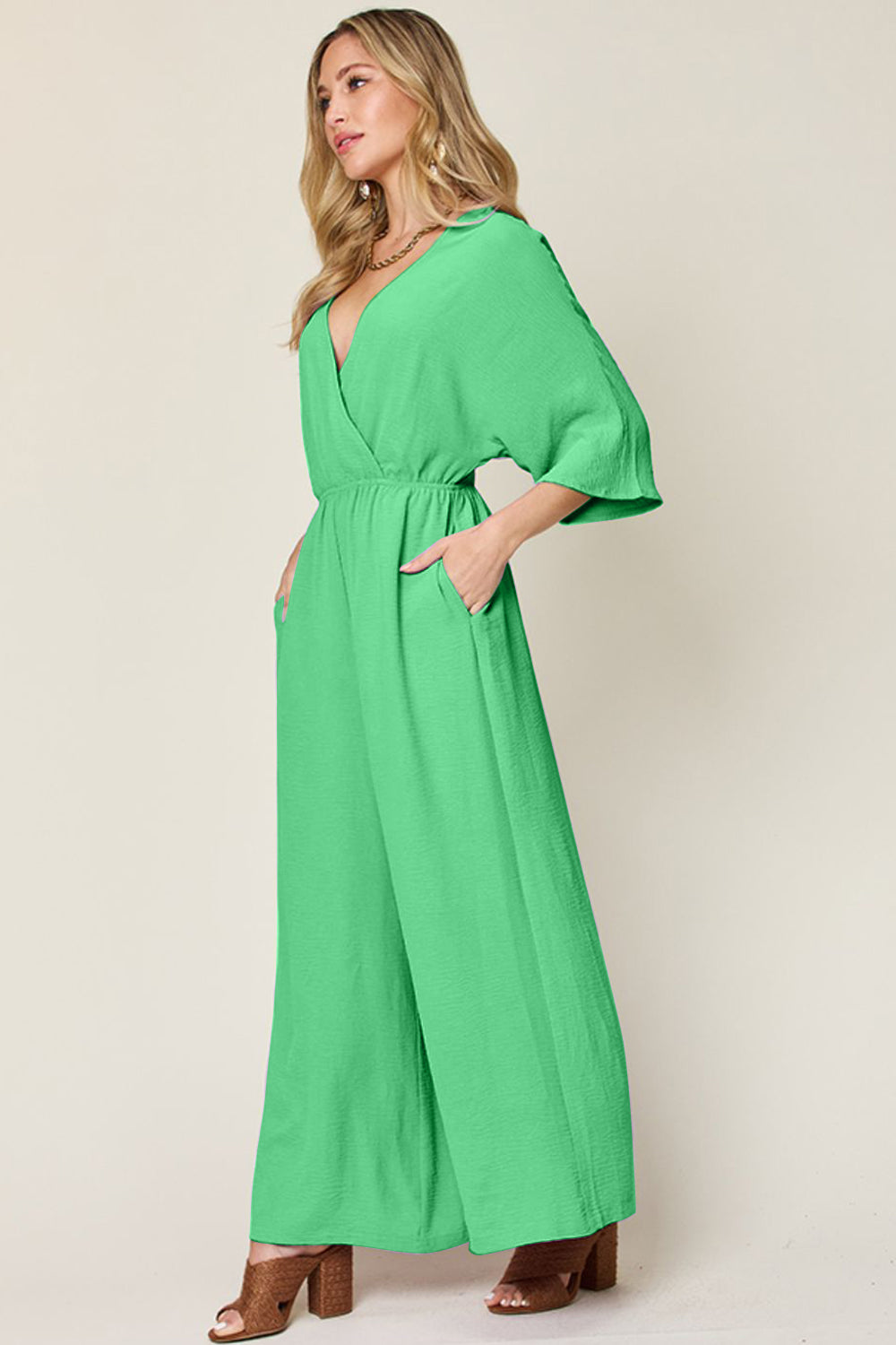 Casual Elegance Surplice Wide Leg Jumpsuit with Pockets