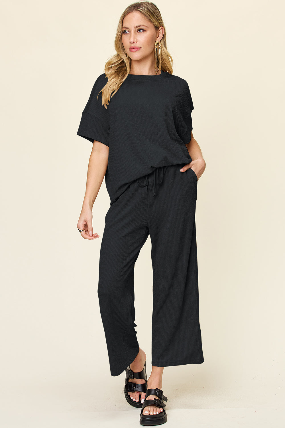 Out and About Textured Round Neck Short Sleeve T-Shirt and Wide Leg Pants