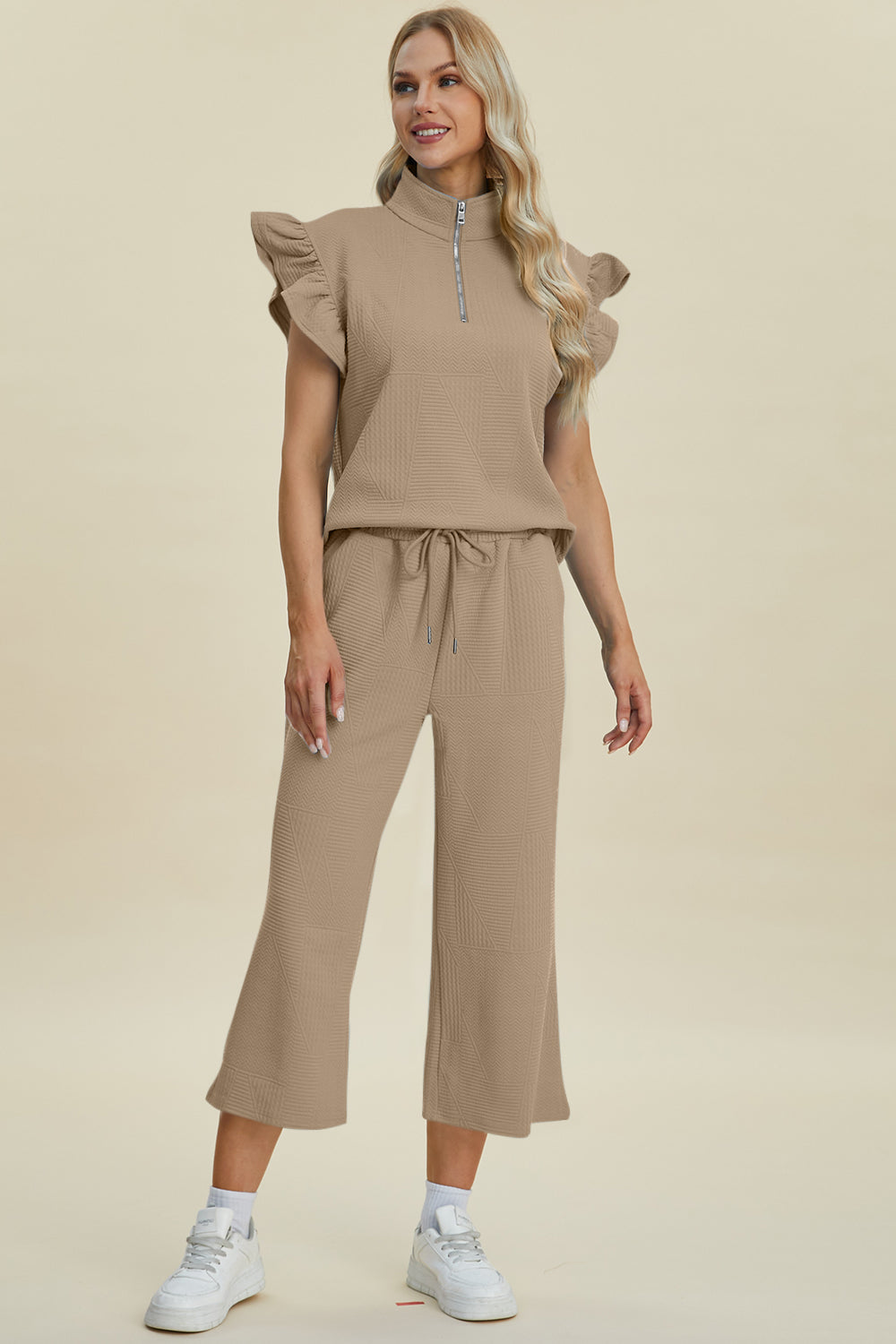 Fancy Frills Textured Ruffle Short Sleeve Top and Wide Leg Pants Set