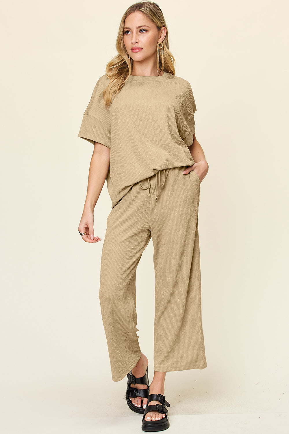 Out and About Textured Round Neck Short Sleeve T-Shirt and Wide Leg Pants