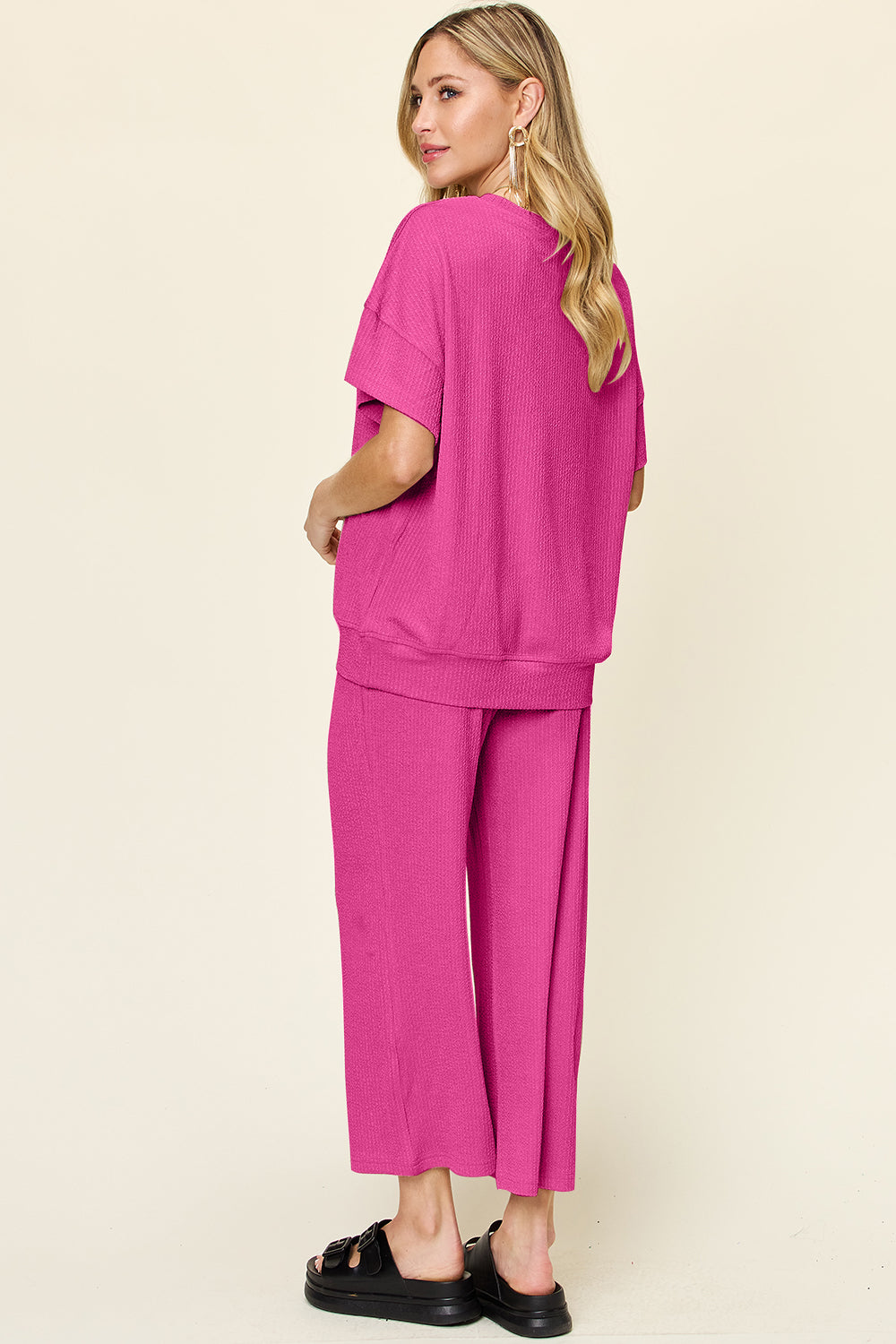 Out and About Textured Round Neck Short Sleeve T-Shirt and Wide Leg Pants