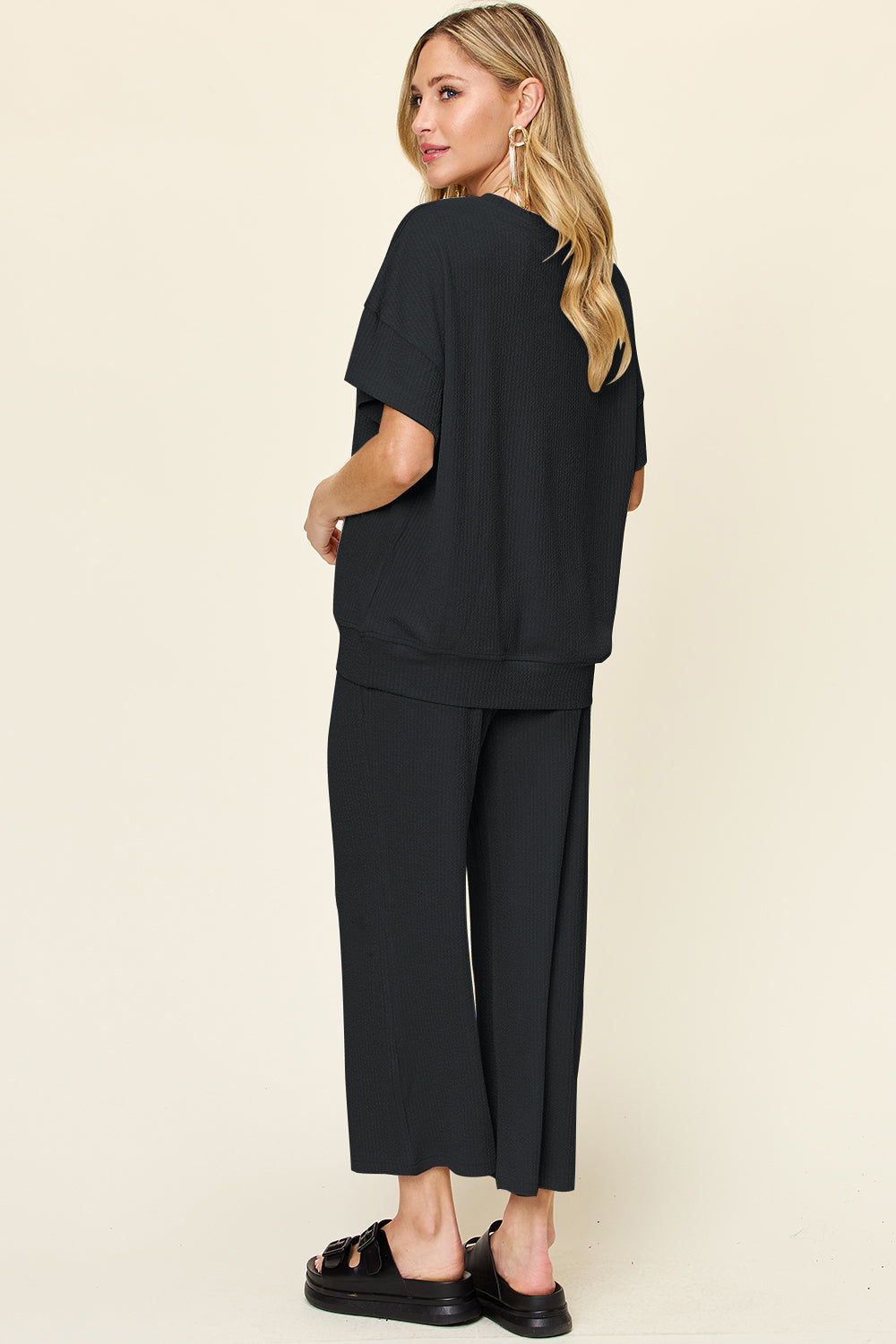 Out and About Textured Round Neck Short Sleeve T-Shirt and Wide Leg Pants