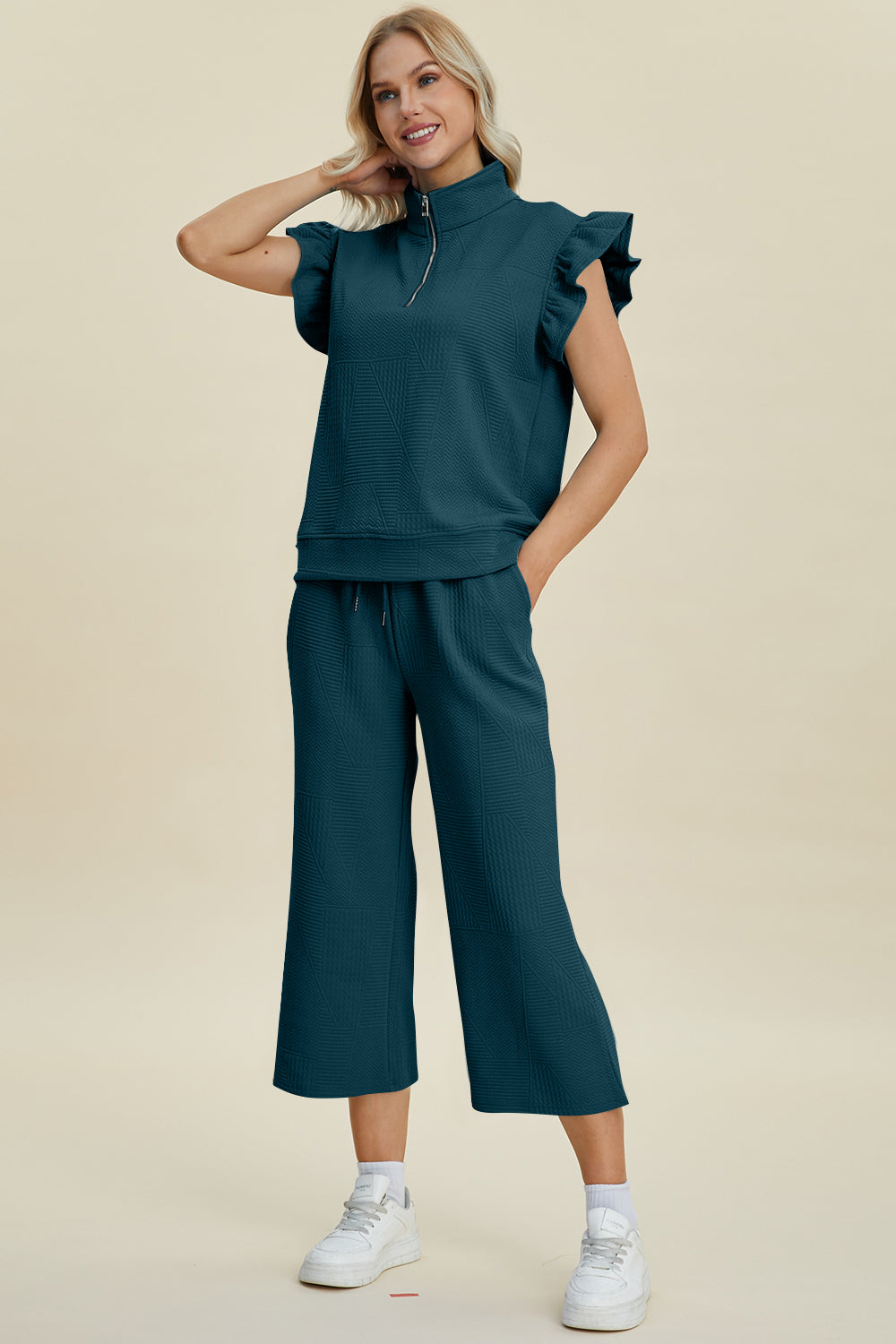 Fancy Frills Textured Ruffle Short Sleeve Top and Wide Leg Pants Set