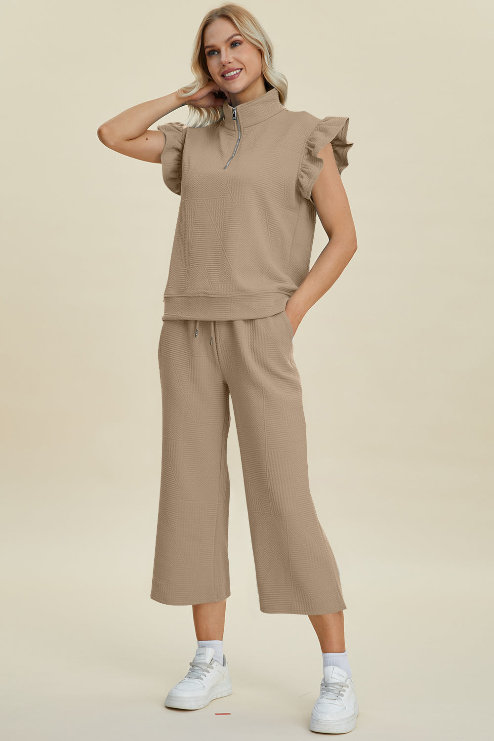 Fancy Frills Textured Ruffle Short Sleeve Top and Wide Leg Pants Set