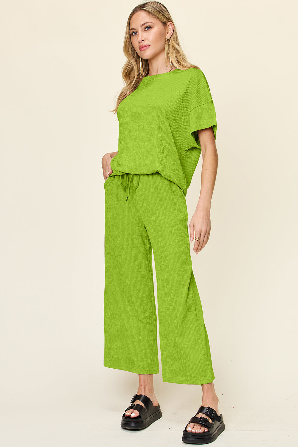 Out and About Textured Round Neck Short Sleeve T-Shirt and Wide Leg Pants