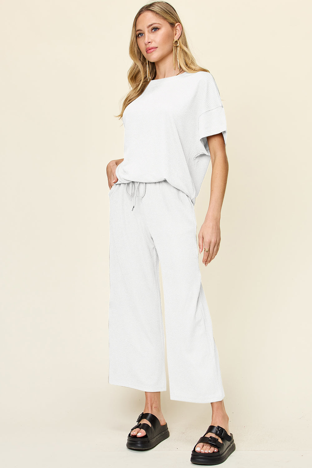 Out and About Textured Round Neck Short Sleeve T-Shirt and Wide Leg Pants