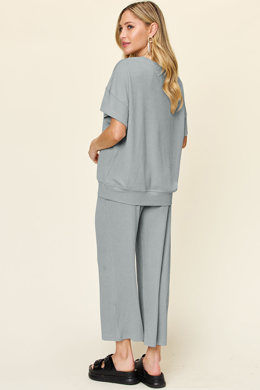 Out and About Textured Round Neck Short Sleeve T-Shirt and Wide Leg Pants