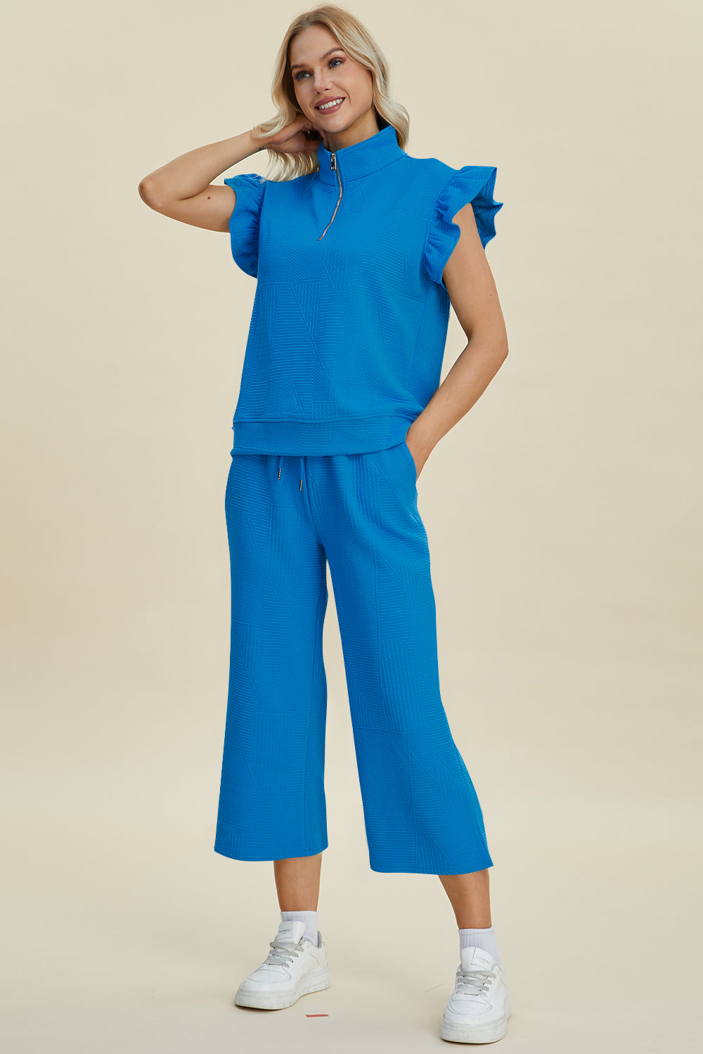 Fancy Frills Textured Ruffle Short Sleeve Top and Wide Leg Pants Set