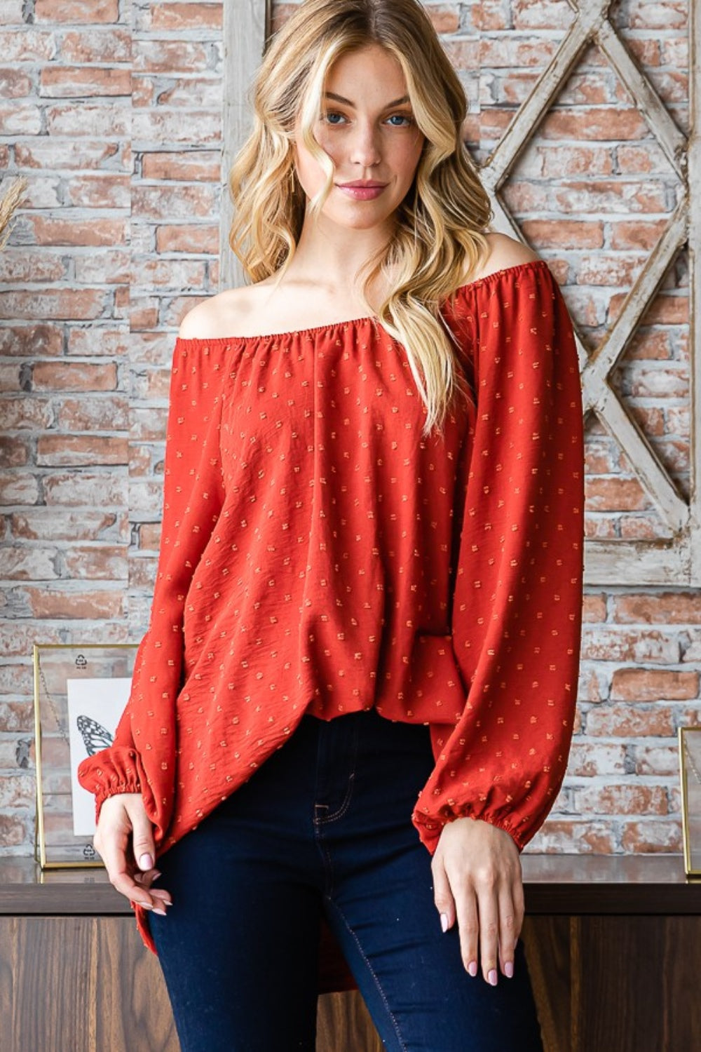 Make You Miss Me Swiss Dot Off Shoulder Top