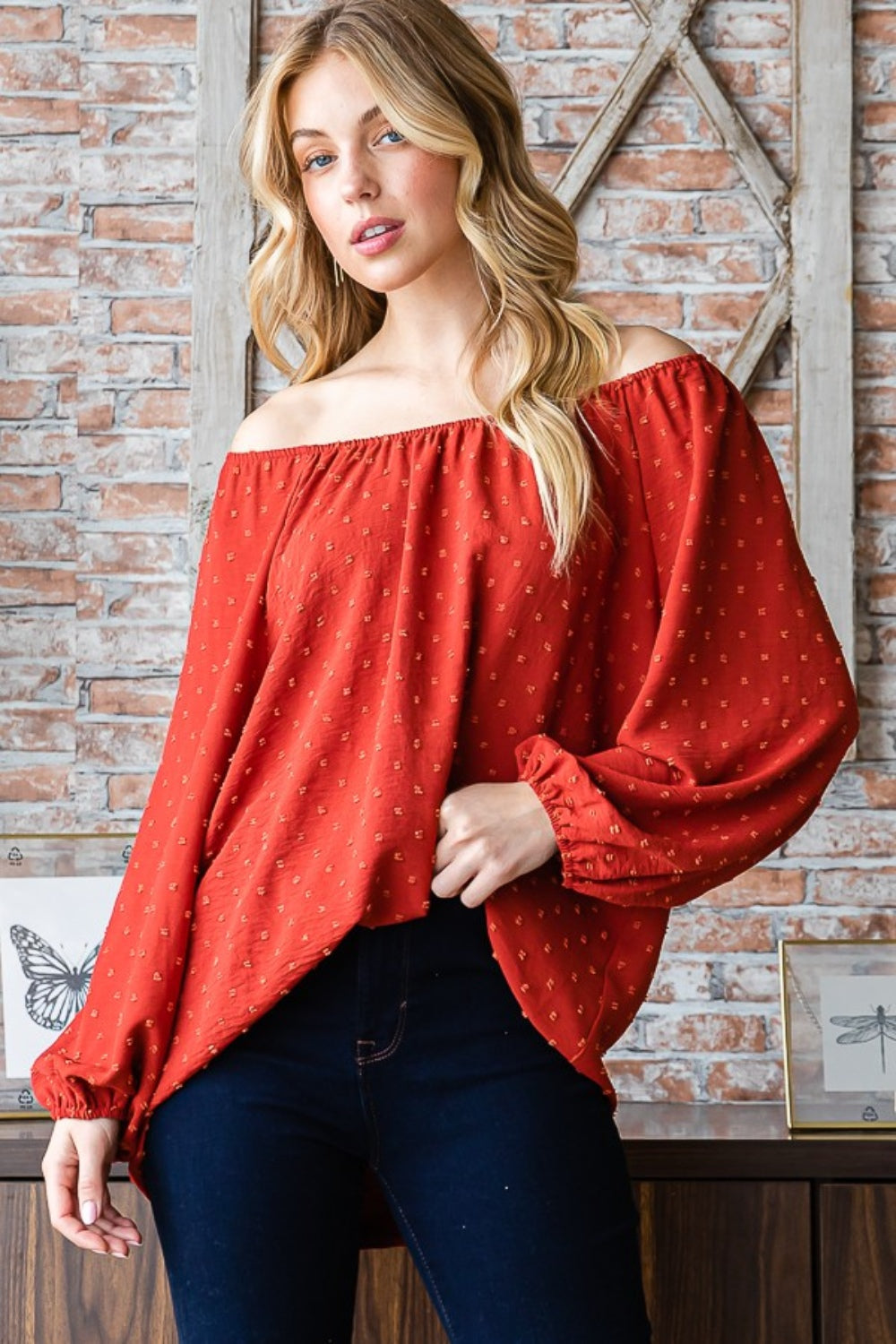 Make You Miss Me Swiss Dot Off Shoulder Top