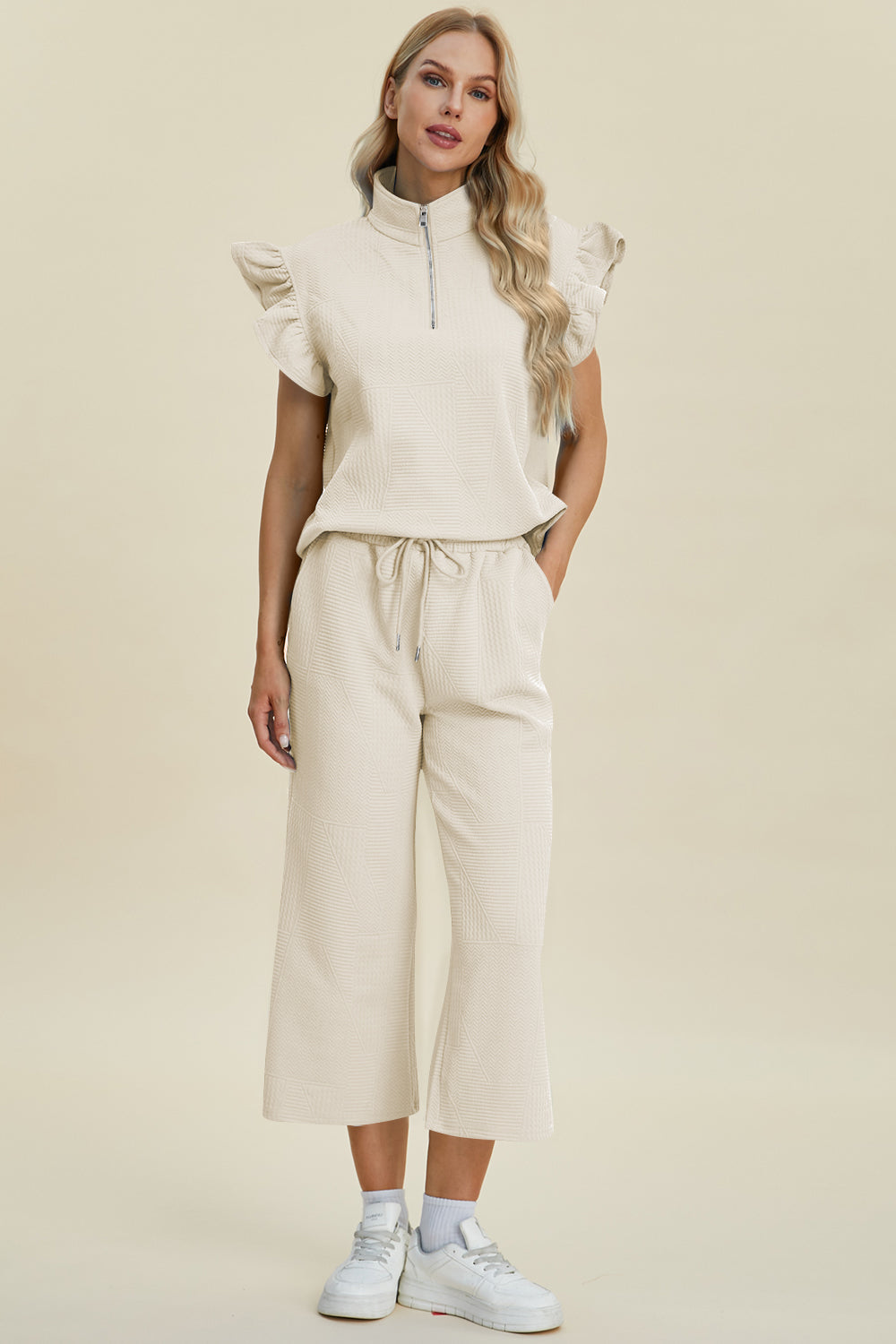 Fancy Frills Textured Ruffle Short Sleeve Top and Wide Leg Pants Set