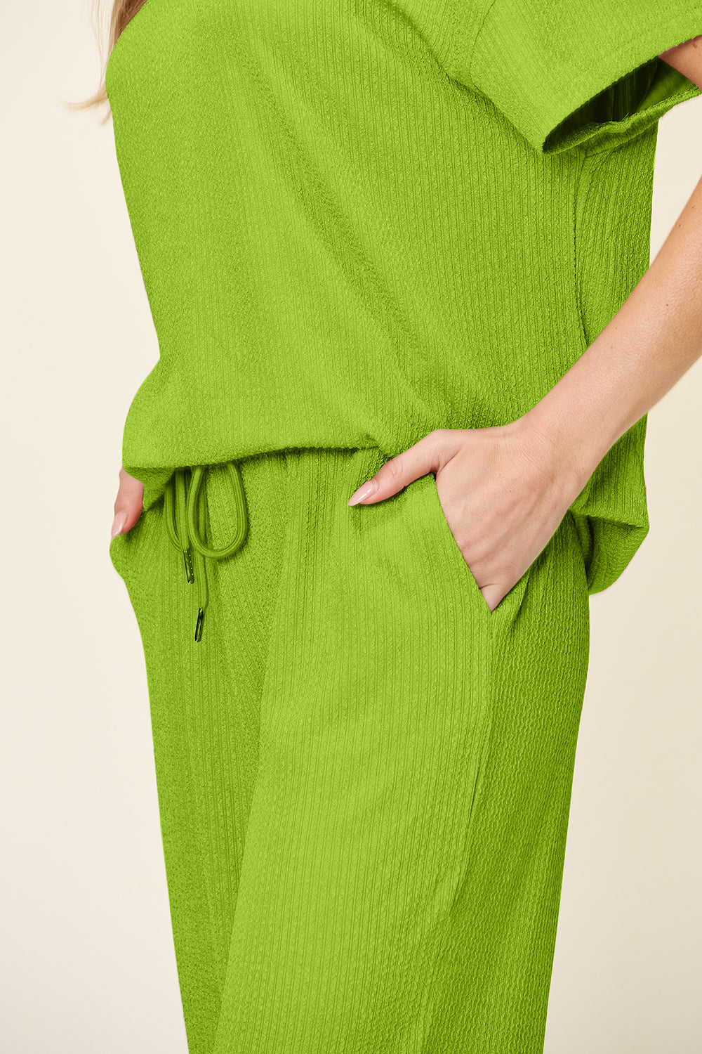 Out and About Textured Round Neck Short Sleeve T-Shirt and Wide Leg Pants