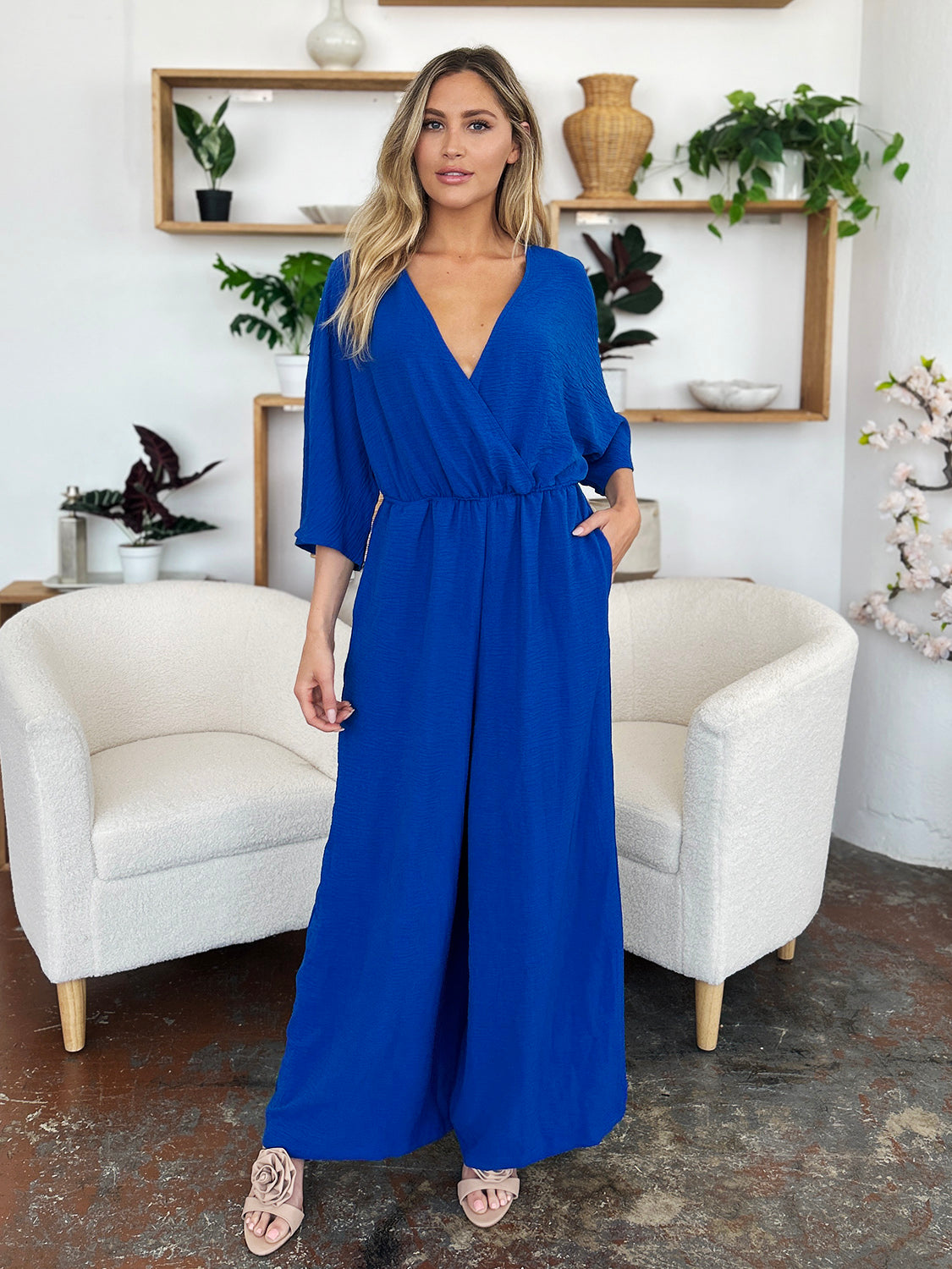 Casual Elegance Surplice Wide Leg Jumpsuit with Pockets