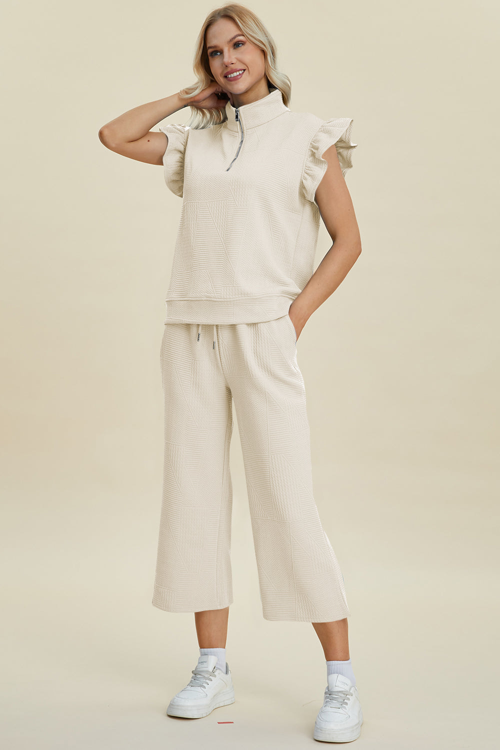 Fancy Frills Textured Ruffle Short Sleeve Top and Wide Leg Pants Set