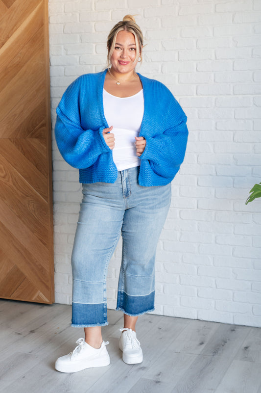 blue balloon sleeve open front cardigan