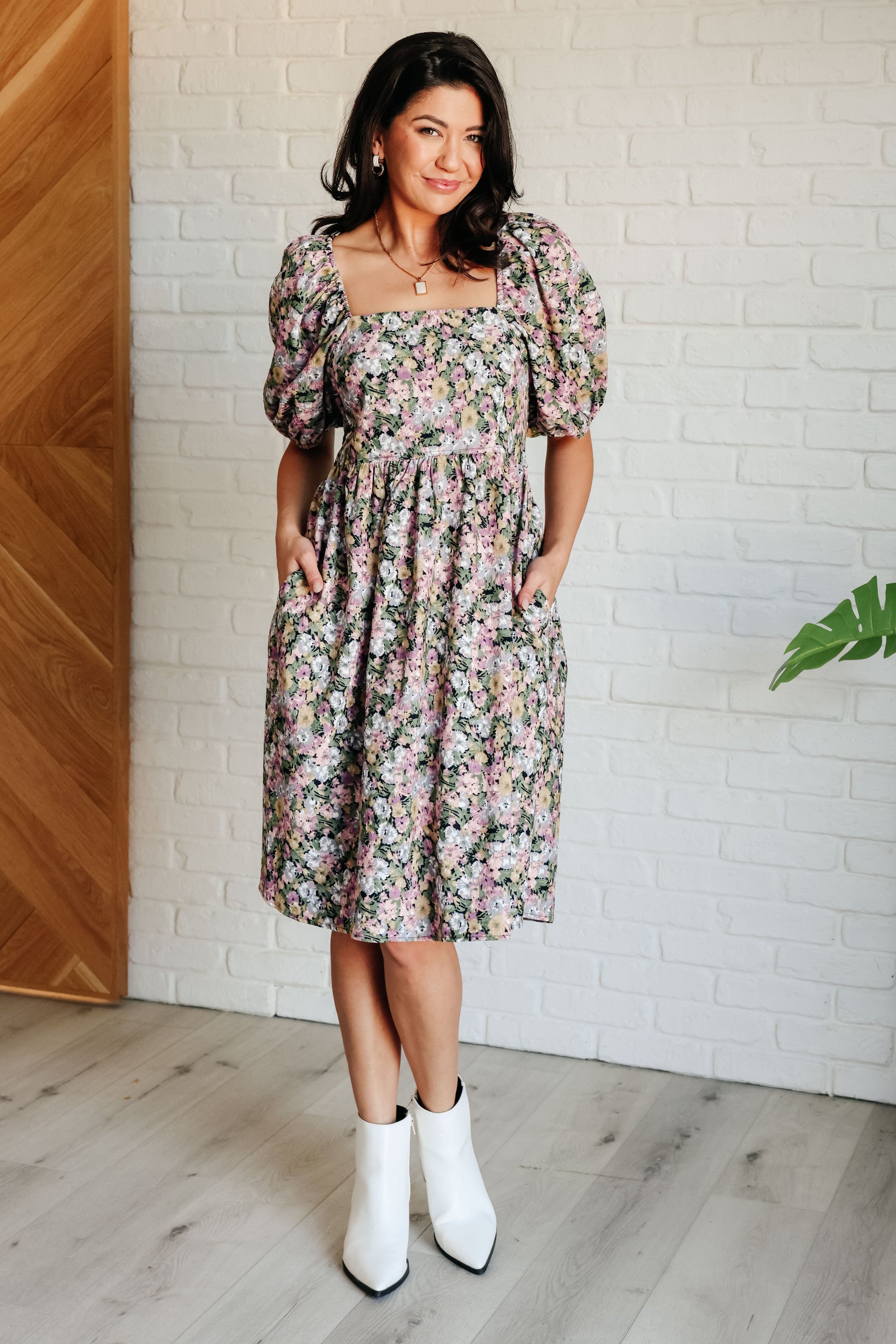 square neck floral balloon sleeve midi dress