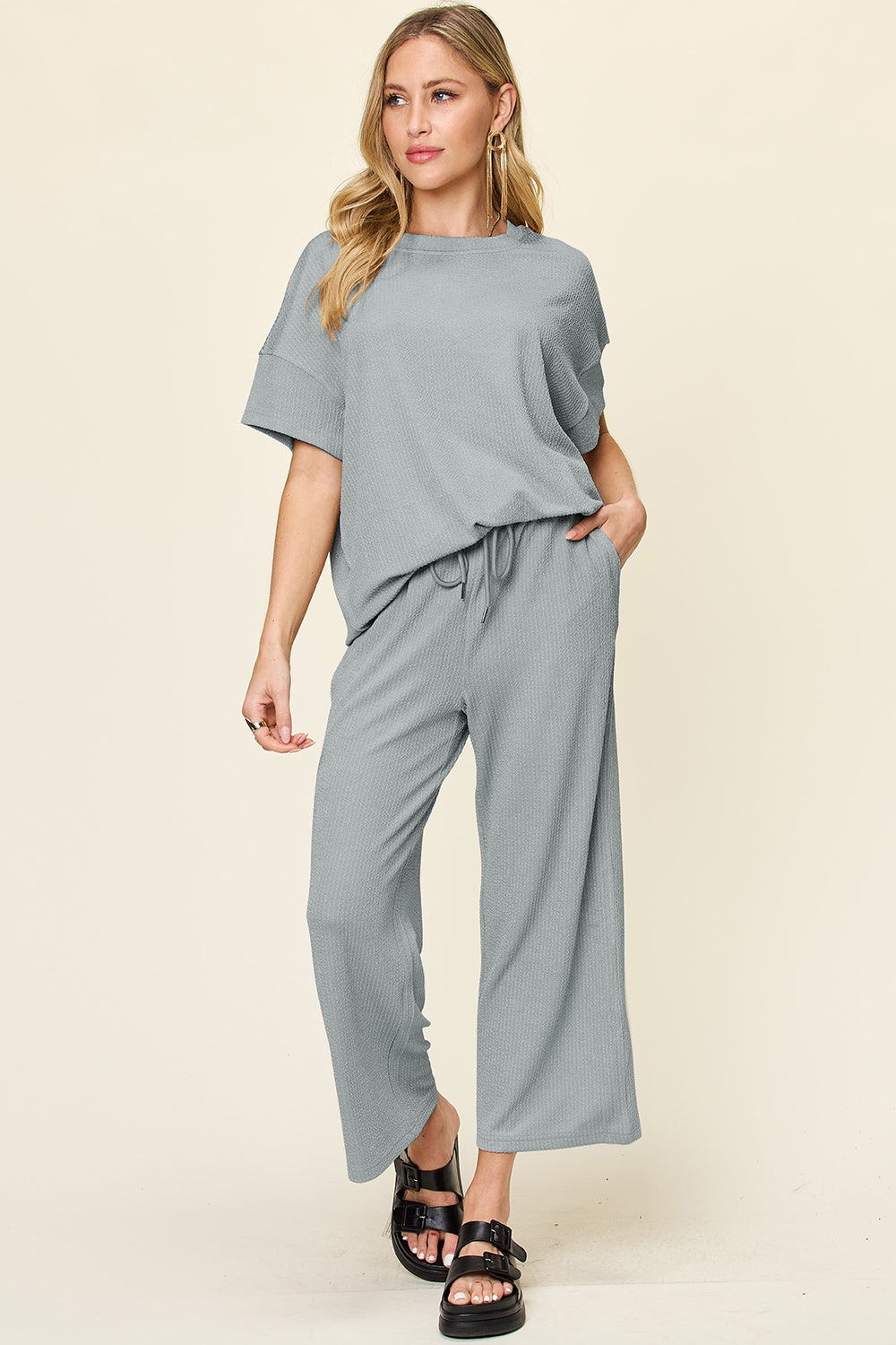 Out and About Textured Round Neck Short Sleeve T-Shirt and Wide Leg Pants