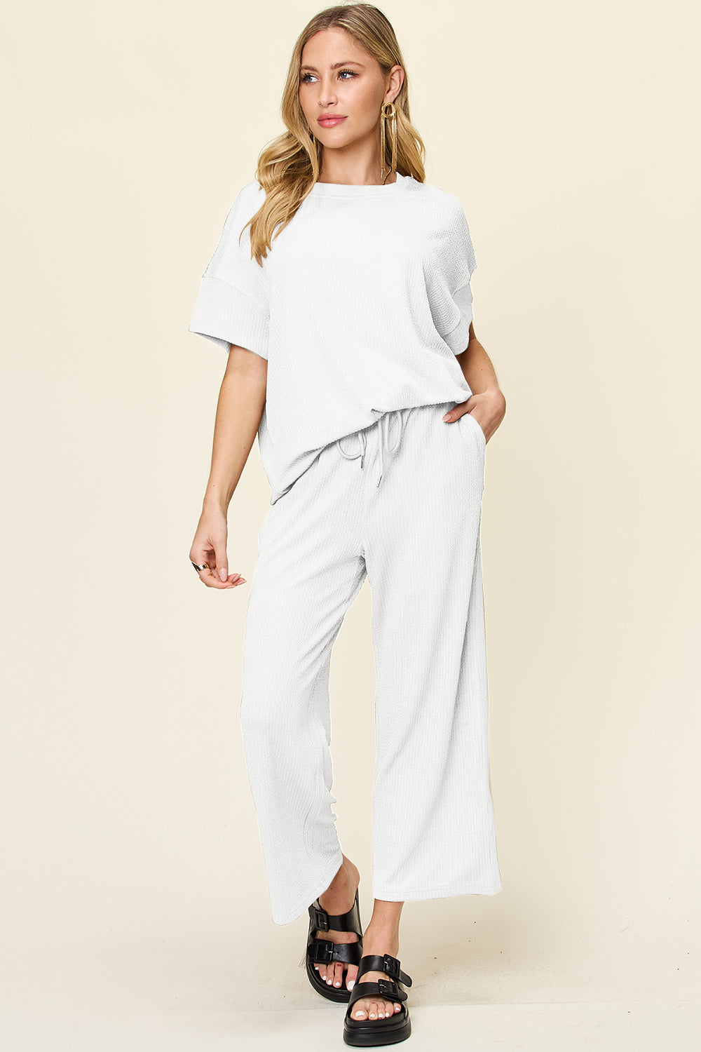 Out and About Textured Round Neck Short Sleeve T-Shirt and Wide Leg Pants