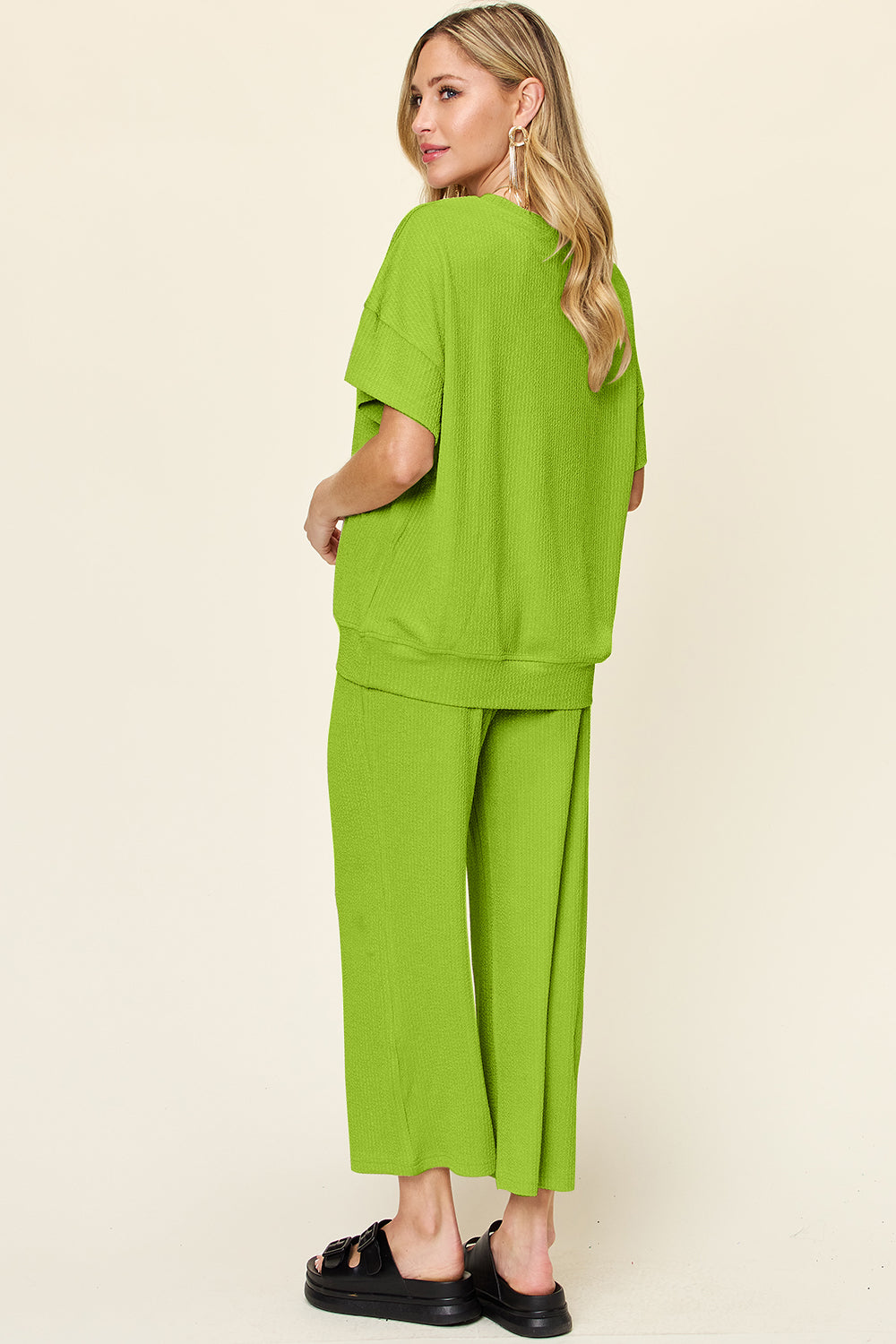 Out and About Textured Round Neck Short Sleeve T-Shirt and Wide Leg Pants