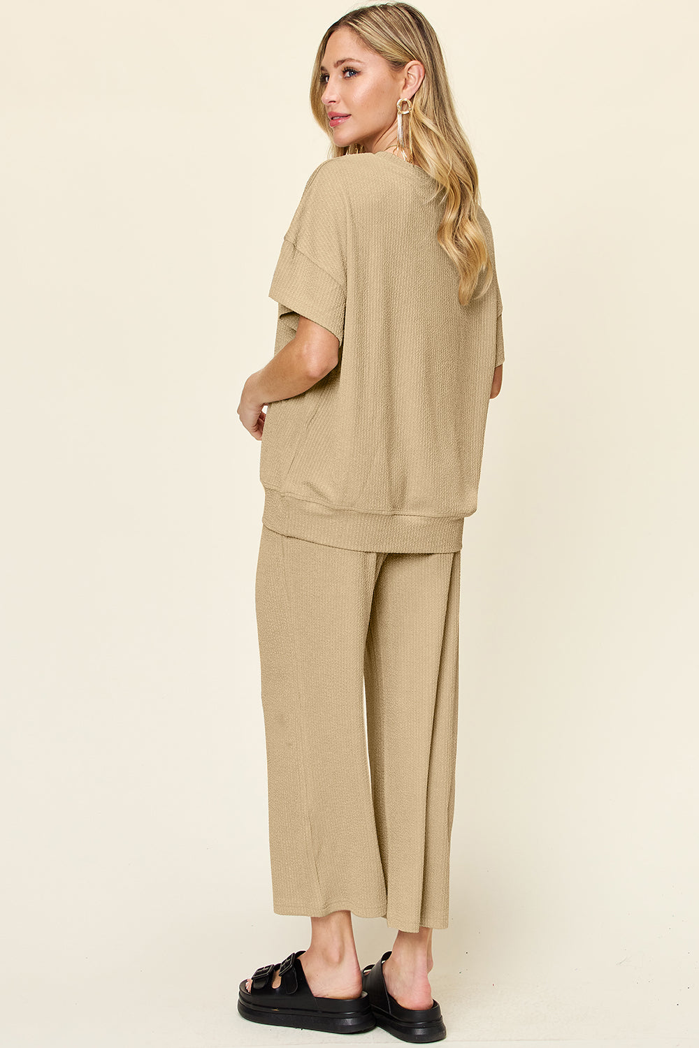 Out and About Textured Round Neck Short Sleeve T-Shirt and Wide Leg Pants