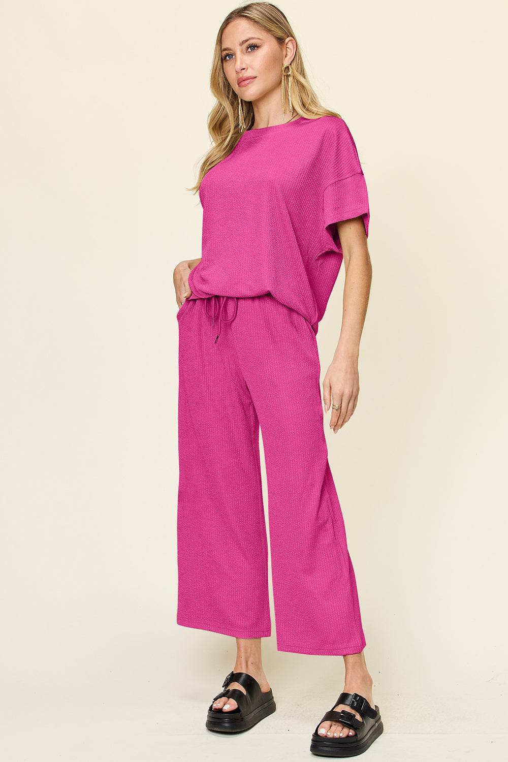 Out and About Textured Round Neck Short Sleeve T-Shirt and Wide Leg Pants