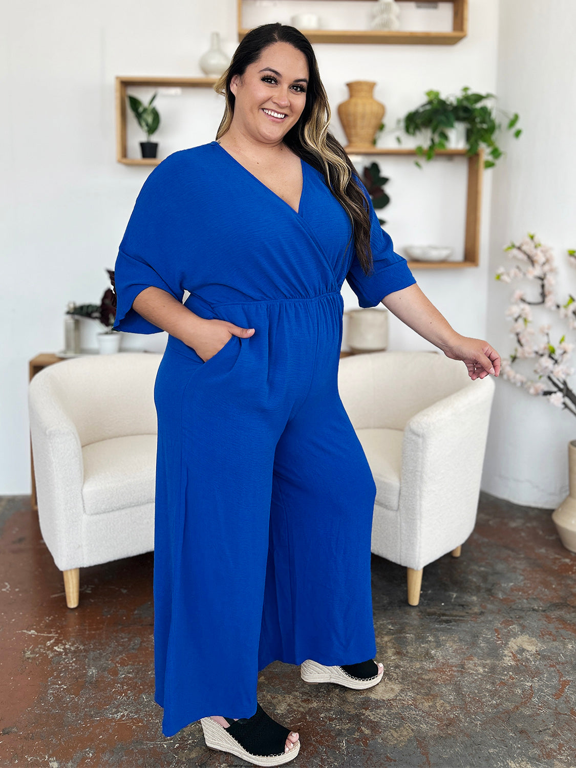 Casual Elegance Surplice Wide Leg Jumpsuit with Pockets