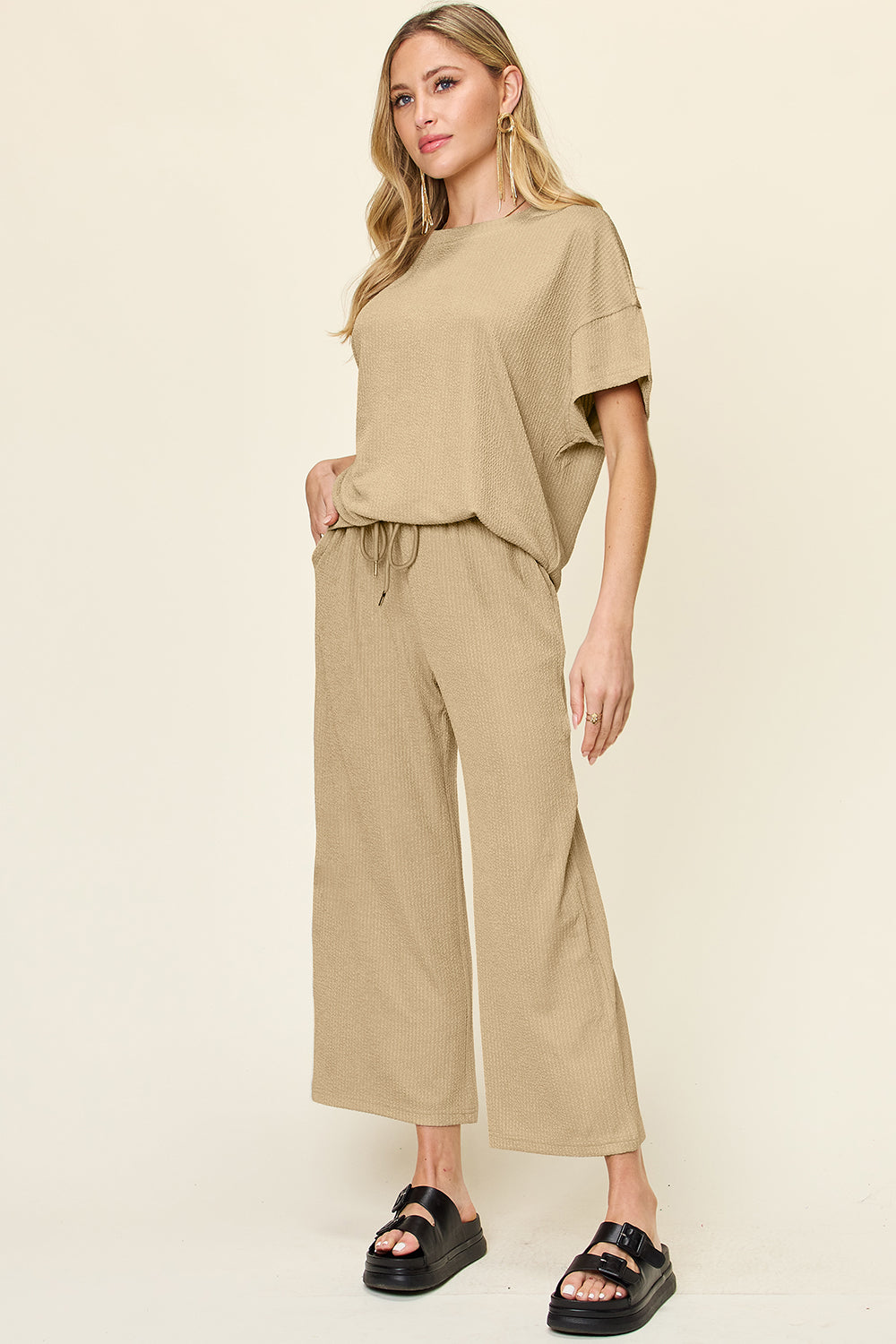 Out and About Textured Round Neck Short Sleeve T-Shirt and Wide Leg Pants