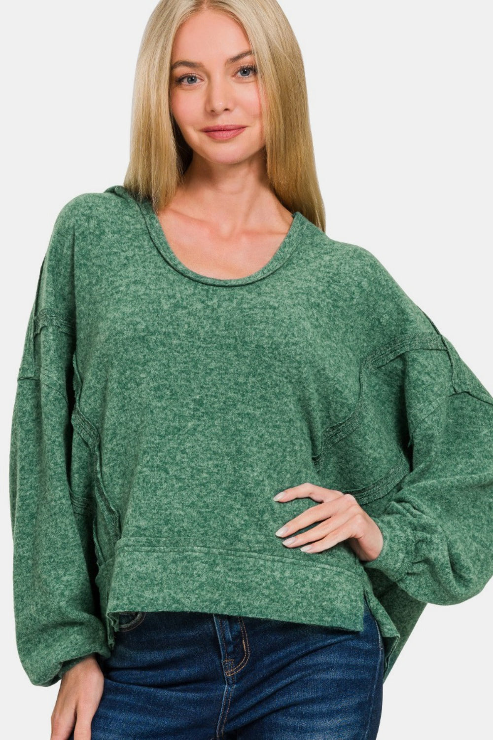 Casually Cool Brushed Hacci Exposed Seam Hoodie (Green)