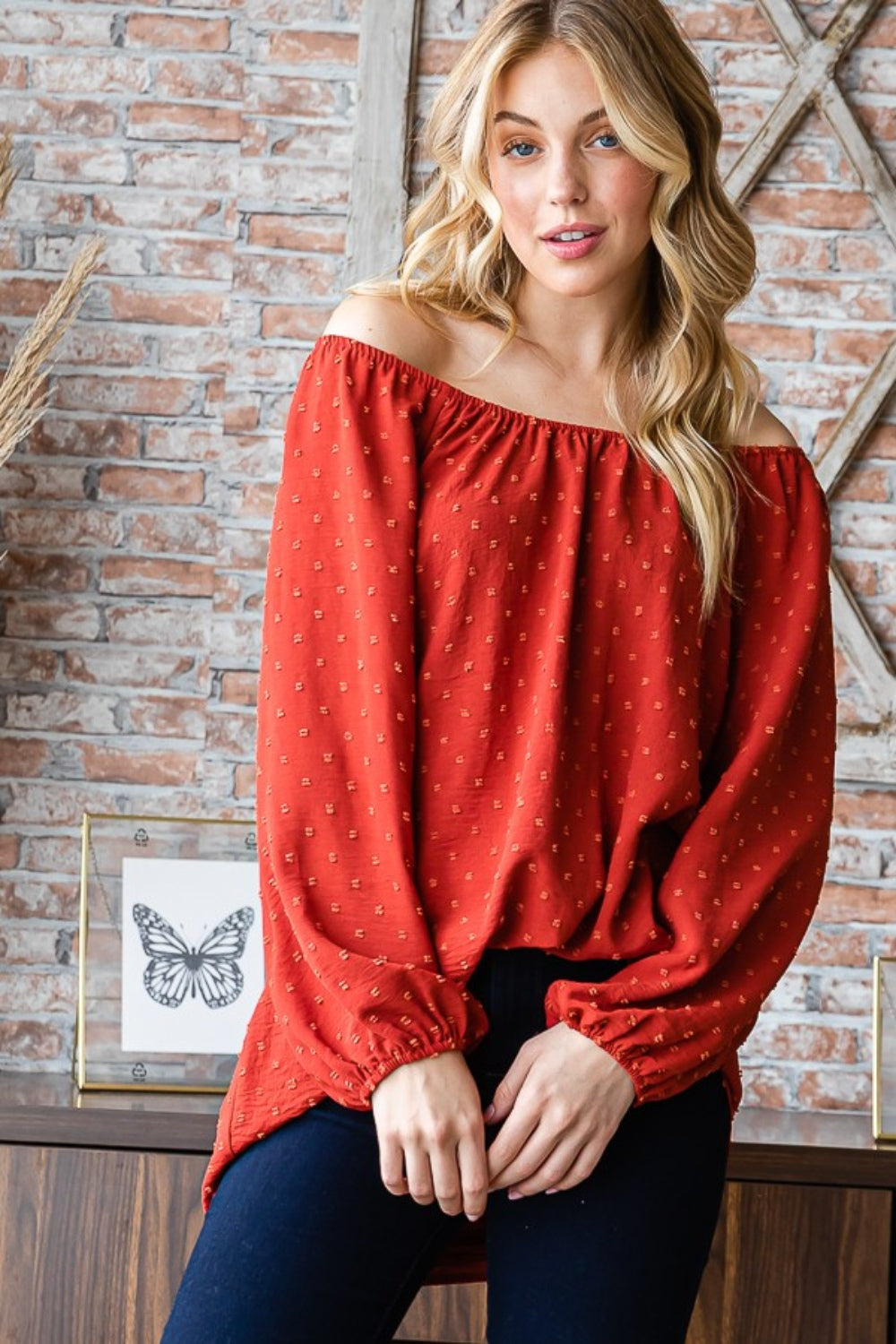 Make You Miss Me Swiss Dot Off Shoulder Top