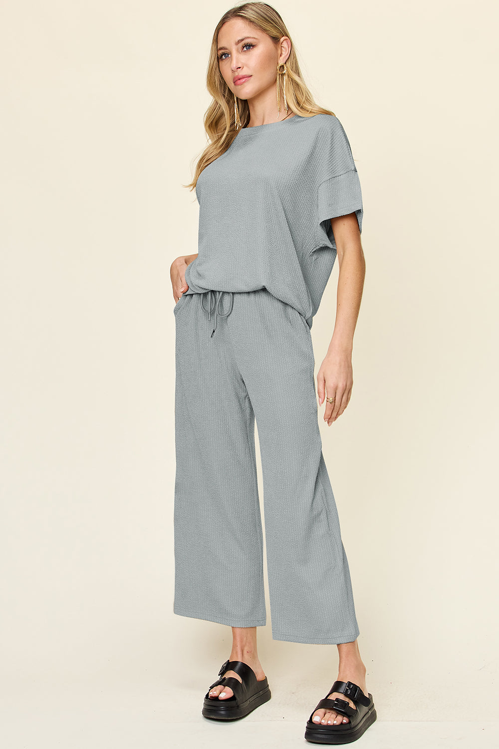 Out and About Textured Round Neck Short Sleeve T-Shirt and Wide Leg Pants