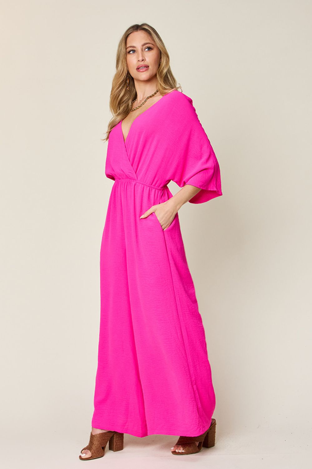 Casual Elegance Surplice Wide Leg Jumpsuit with Pockets