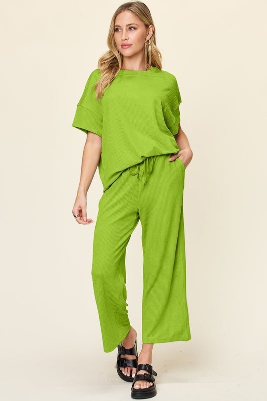 Out and About Textured Round Neck Short Sleeve T-Shirt and Wide Leg Pants