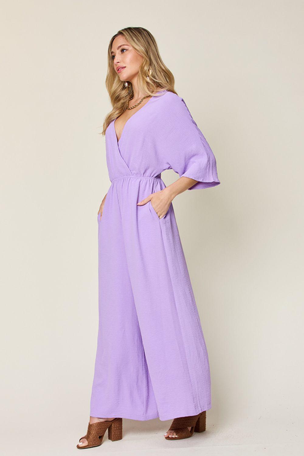 Casual Elegance Surplice Wide Leg Jumpsuit with Pockets