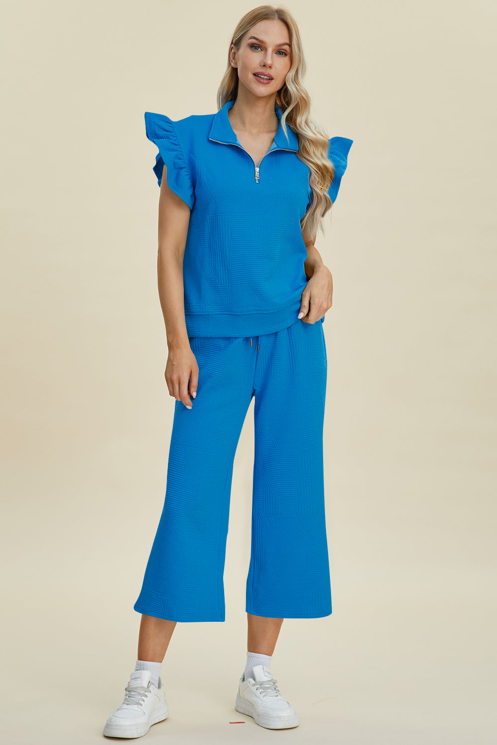 Fancy Frills Textured Ruffle Short Sleeve Top and Wide Leg Pants Set