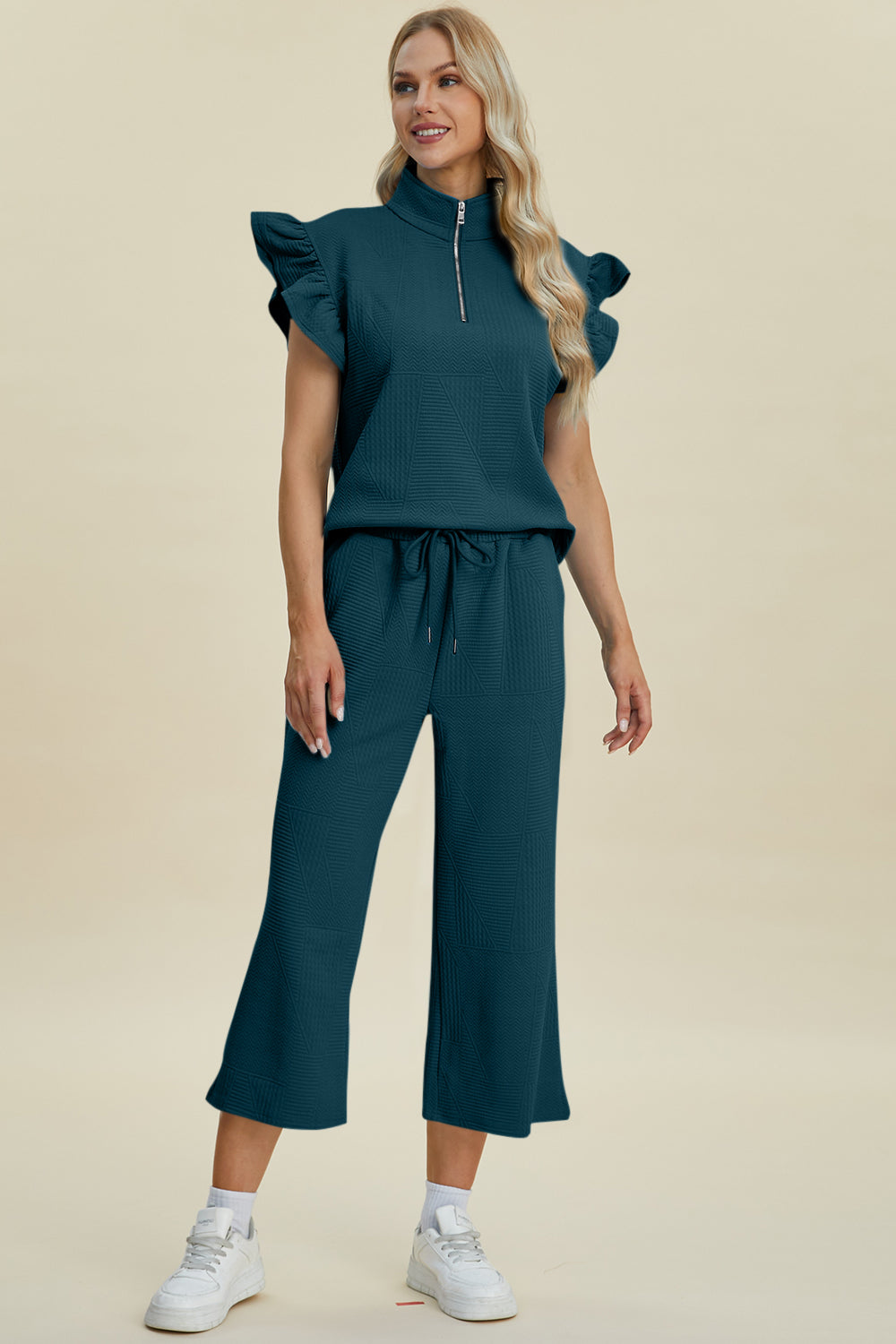 Fancy Frills Textured Ruffle Short Sleeve Top and Wide Leg Pants Set