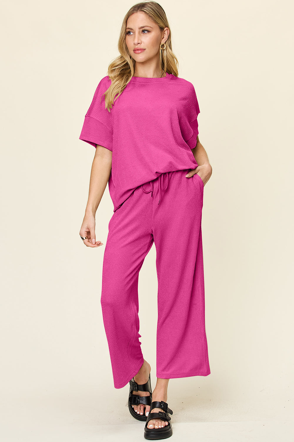 Out and About Textured Round Neck Short Sleeve T-Shirt and Wide Leg Pants