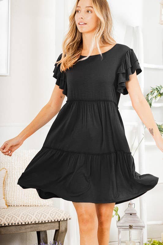 Solid Ruffle Sleeve Dress | Knee Length Skirt | Solid Color Dress | Round Neck Dress | Summer Dress | Ryan Reid Collection