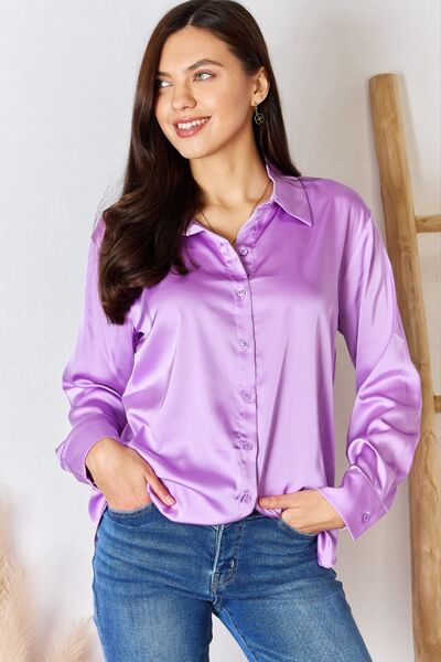 Lovely Lavender Satin Button Down Long Sleeve Shirt