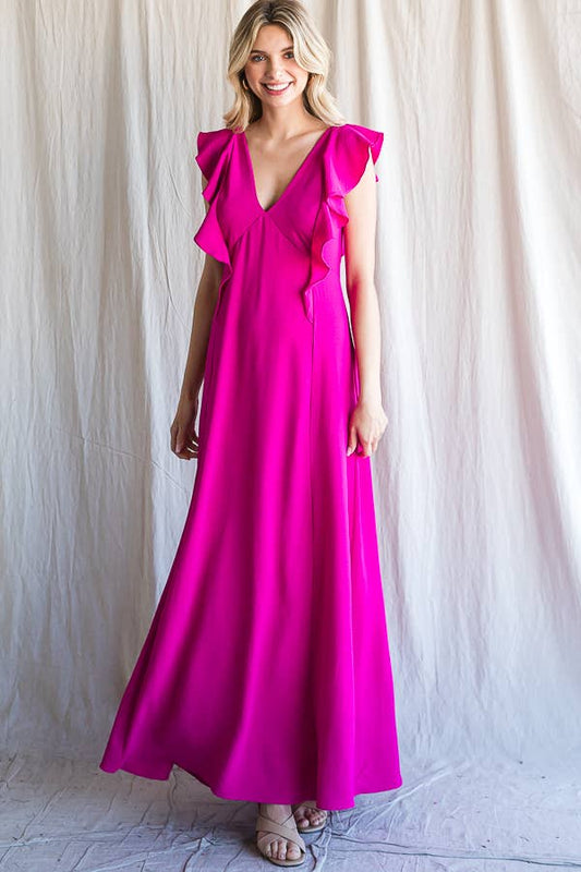 Solid Ruffle Sleeve Maxi Dress | Maxi Dresses | Solid Color Dress | Solid Color Maxi Dress | Ruffle Sleeve Dress | Wedding Dress | Maxi for Weddings | 100% Polyester Dress | Ryan Reid Collection