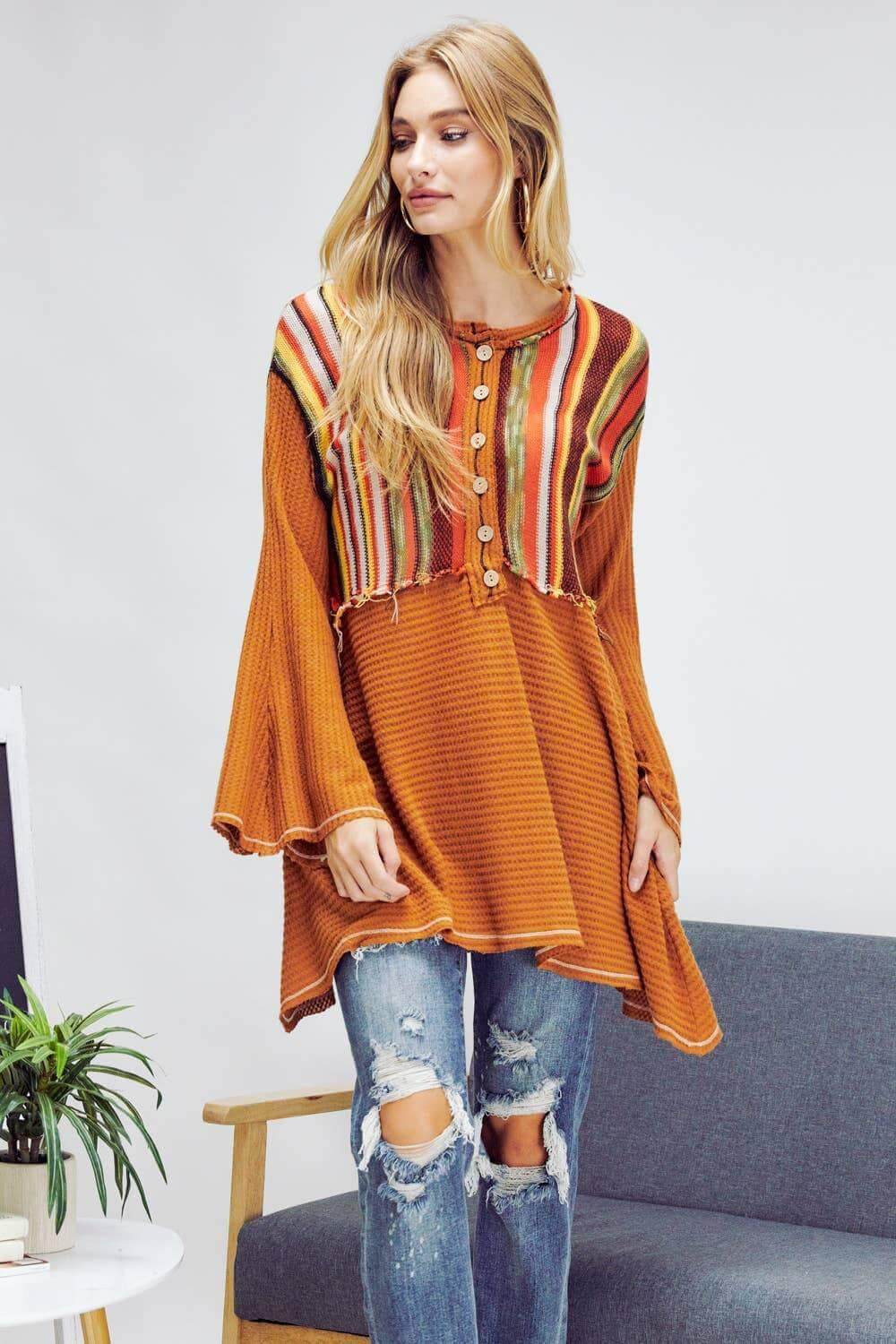 Button Down Printed Bell Sleeve Top